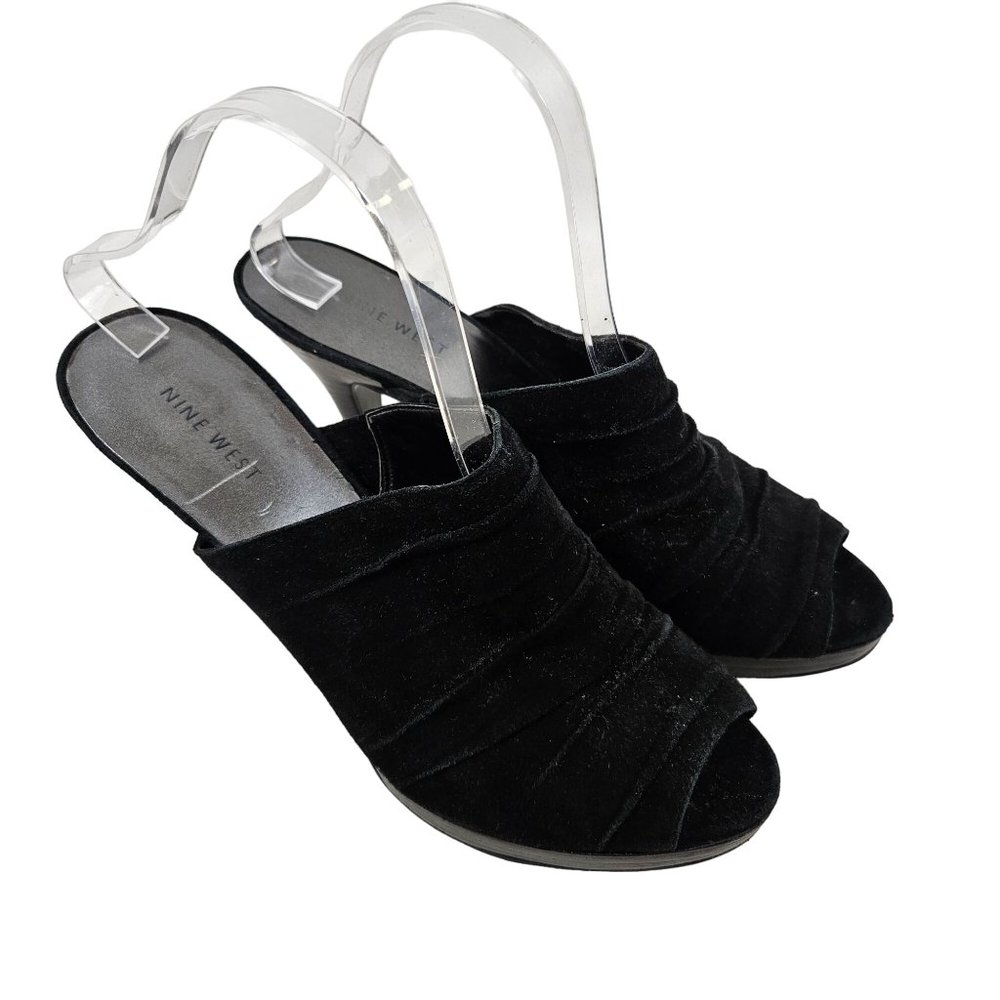 Nine West Shoes Womens 9.5M Slip On Heels Black Suede Open Toe Pleated Dressy
